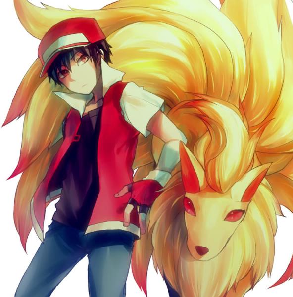 dada, dada (dolce), ninetales, pixiv red, red (pokemon), nintendo, pokemon, bad id, bad pixiv id, duplicate, 1boy, baseball cap, black hair, denim, fingerless gloves, gen 1 pokemon, gloves, hat, jacket, jeans, male focus, pants, pokemon (creature), popped collar, red eyes, short hair, short sleeves, simple background
