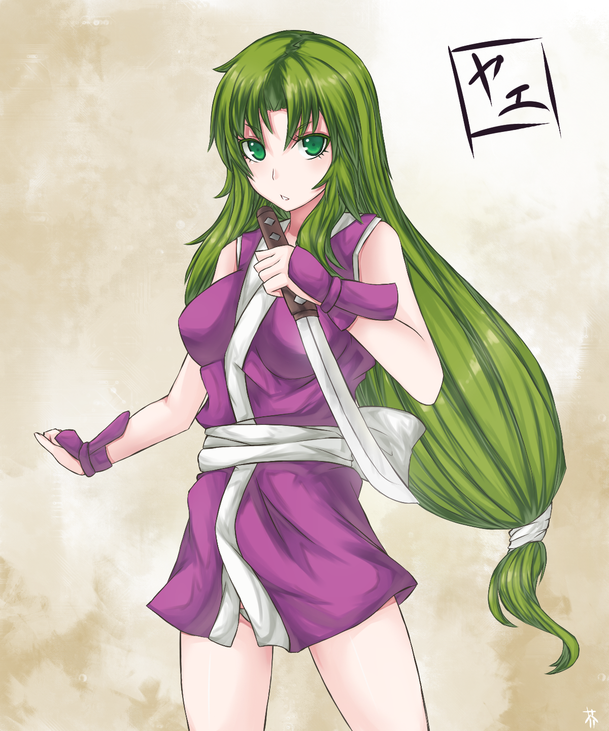 arcadia090, mugi no yae, yae (ganbare goemon), ganbare goemon, bad id, bad pixiv id, highres, 1girl, aqua eyes, female focus, gauntlets, green eyes, green hair, long hair, matching hair/eyes, ninja, solo, sword, very long hair, wakizashi, weapon