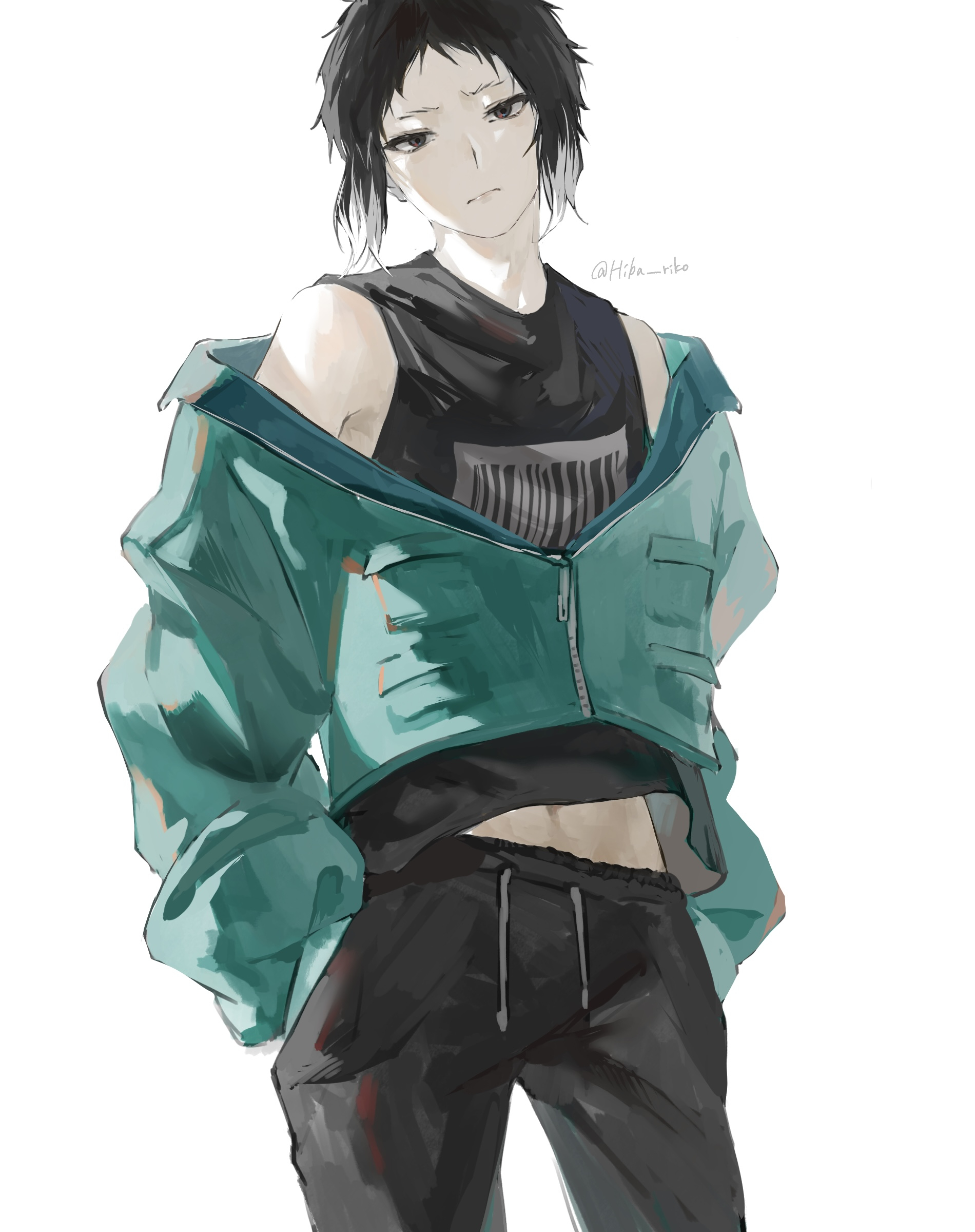 hiba riko, akutagawa ryuunosuke (bungou stray dogs), bungou stray dogs, absurdres, commentary request, highres, 1boy, alternate costume, black eyes, black hair, black pants, black shirt, closed mouth, colored tips, hands in pockets, hood, hoodie, long sleeves, looking at viewer, male focus, midriff peek, multicolored hair, navel peek, pants, partially unzipped, shirt, short hair, simple background, sleeveless, solo, sweatpants, twitter username, two-tone hair, white background, white hair, zipper