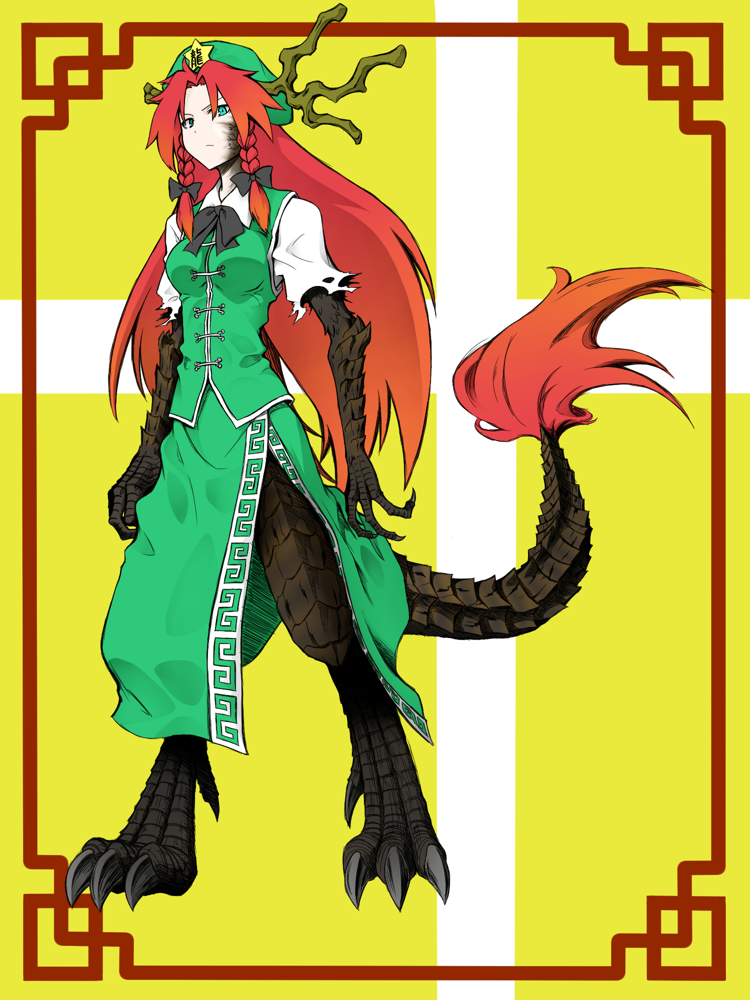 chankodining, yoshida hideyuki, ex-meiling, hong meiling, hong meiling (dragon), touhou, bad id, bad pixiv id, highres, 1girl, braid, china dress, chinese clothes, claws, dragon girl, dragon tail, dress, female focus, green eyes, hat, horns, kemonomimi mode, long hair, monster girl, red hair, solo, tail, twin braids