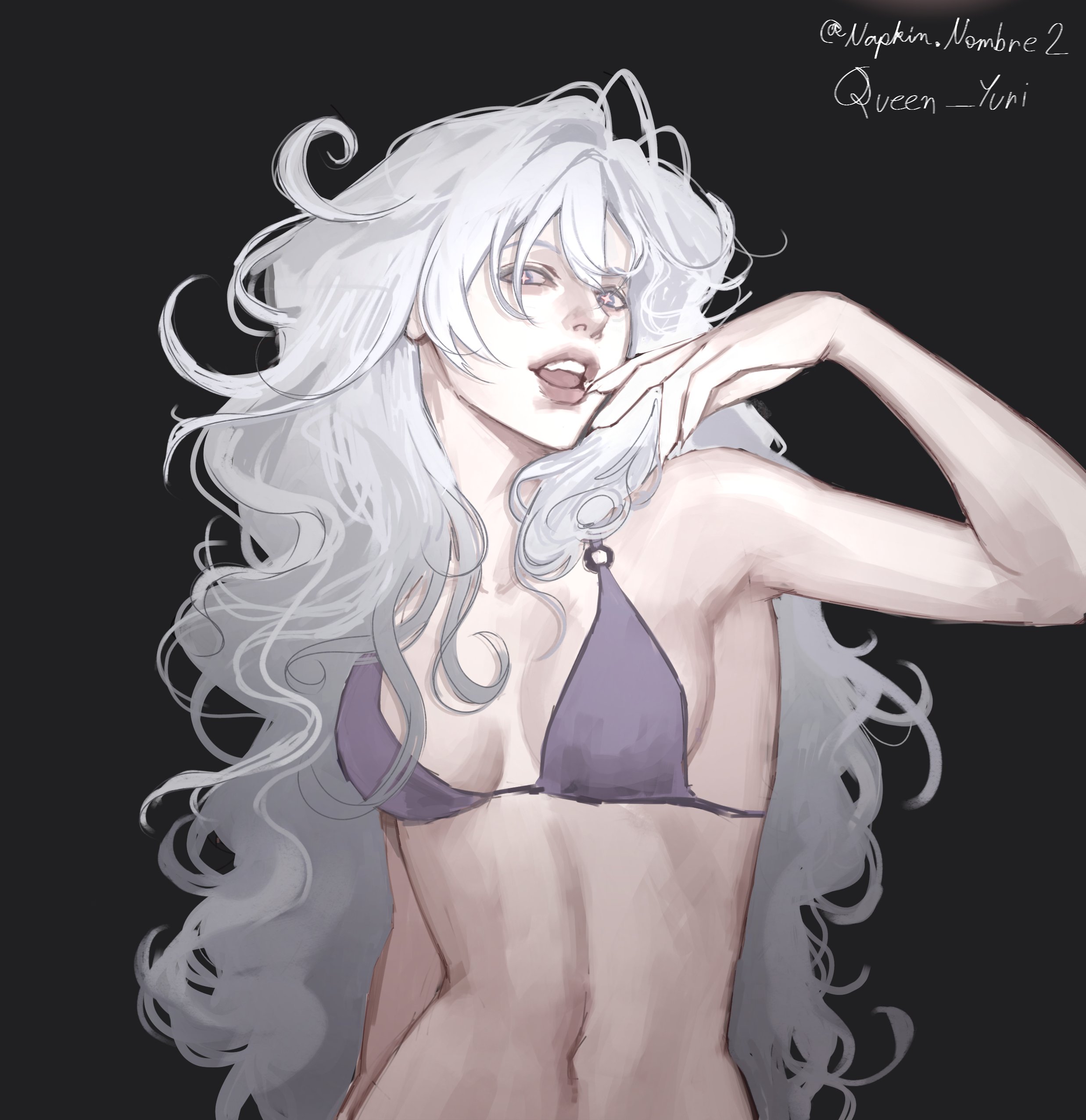 kiana kaslana, kiana kaslana (herrscher of finality), honkai (series), honkai impact 3rd, fluffy hair, absurdres, commentary, english commentary, highres, 1girl, bikini, black background, black bikini, blue eyes, breasts, cross-shaped pupils, large breasts, lips, long hair, looking at viewer, navel, open mouth, queen yuri.mj, simple background, solo, stomach, swimsuit, symbol-shaped pupils, twitter username, very long hair