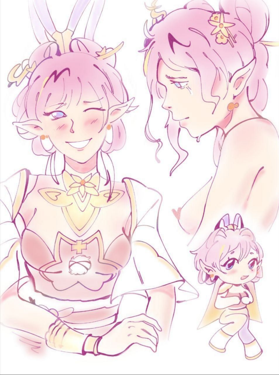 elysia (hi love elf) (honkai impact), elysia (honkai impact), honkai (series), honkai impact 3rd, commentary, english commentary, highres, 1girl, breasts, censored, chibi, chinese clothes, chinese hairstyle, dress, earrings, elf, heart, heart censor, jewelry, large breasts, medium hair, multiple views, nude, official alternate costume, one eye closed, pink dress, pink hair, pointy ears, puffarchx, purple eyes, simple background, smile, white background