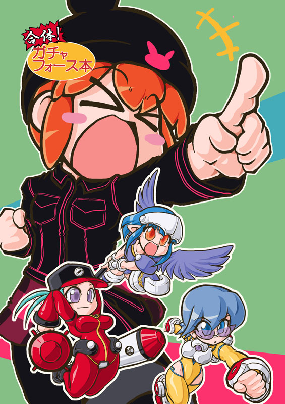 hirose tsunami, hirose tunami, kurokawa usagi, capcom, gotcha force, animal print, armor, beanie, blue eyes, blue hair, blunt bangs, blush, bodysuit, bracer, breast pocket, clothing cutout, collared jacket, copyright name, faulds, foreshortening, glasses, greaves, green background, hat, hip vent, jacket, jumpsuit, leotard, mini person, minigirl, miniskirt, missile, open mouth, orange eyes, orange hair, outline, plaid clothes, plaid skirt, pocket, pointing, pointy ears, ponytail, purple eyes, rabbit print, simple background, skirt, thighhighs, white outline