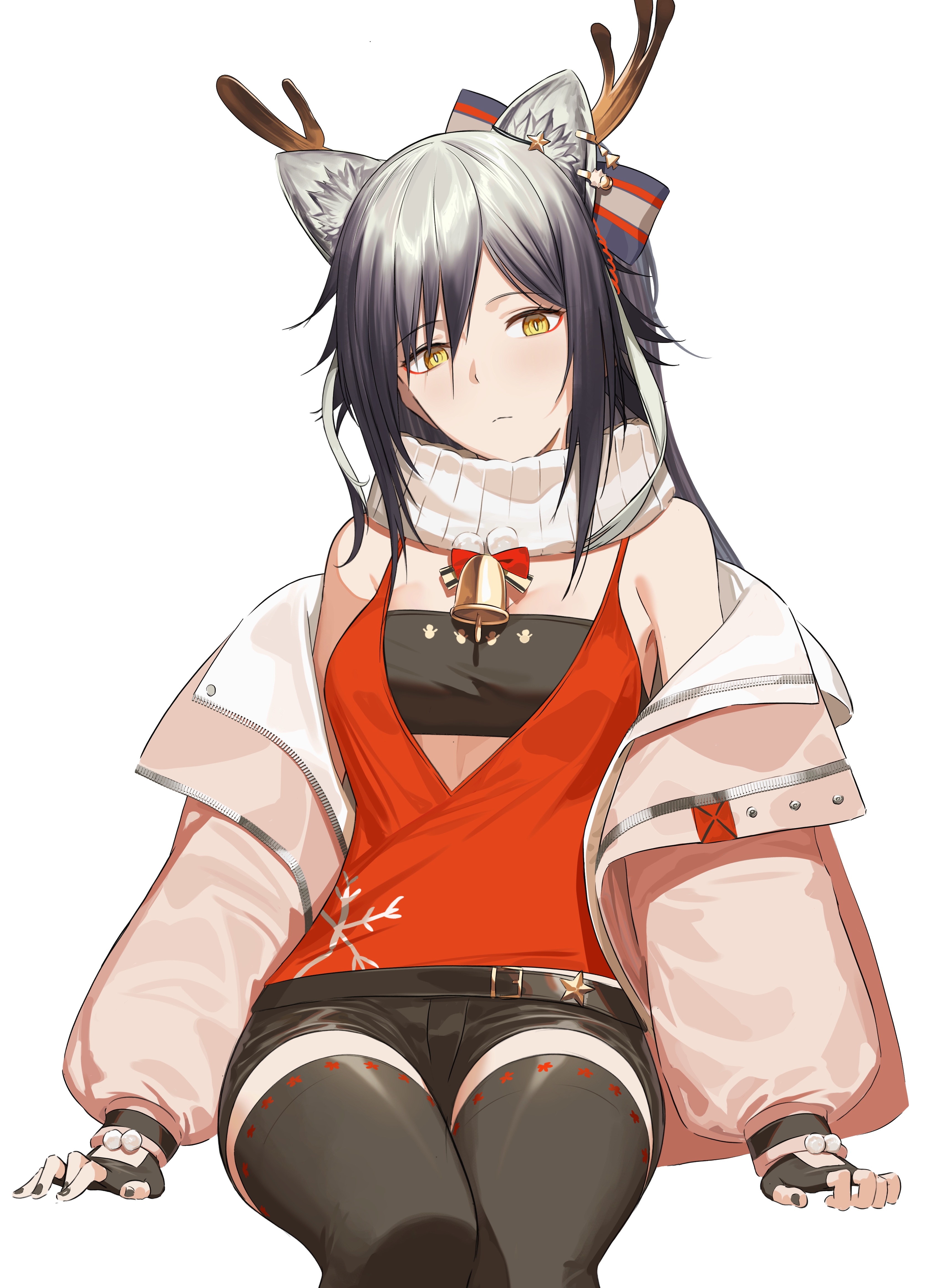 fudayasa, schwarz (arknights), schwarz (presents) (arknights), arknights, absurdres, highres, 1girl, animal ear fluff, animal ears, antlers, bandeau, bare shoulders, bell, black bandeau, black gloves, black hair, black nails, black shorts, black thighhighs, breasts, cat ears, cat girl, fake antlers, fingerless gloves, gloves, horns, invisible chair, jacket, long hair, looking at viewer, nail polish, neck bell, off shoulder, official alternate costume, open clothes, open jacket, pink jacket, red tank top, short shorts, shorts, simple background, sitting, small breasts, solo, tank top, thighhighs, white background, yellow eyes