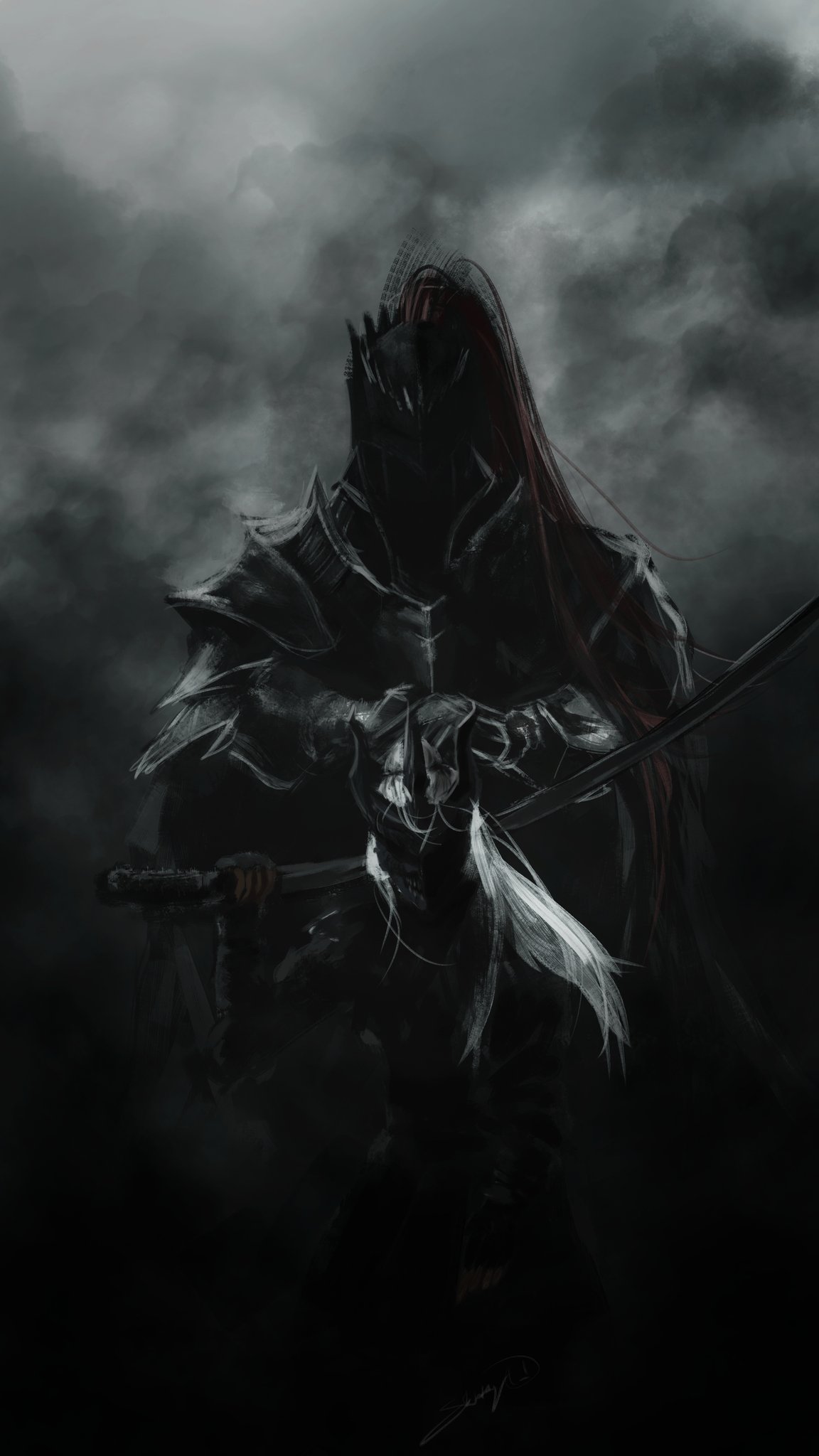 sunny (shadow slave), shadow slave, commentary, english commentary, highres, 1boy, 1other, armor, artskiddy69, black gloves, black tunic, breastplate, dark, facing viewer, fingerless gloves, galea helmet, gloves, height difference, holding, holding sword, holding weapon, horns, knight, long hair, mask, over shoulder, shoulder armor, standing, sword, tunic, weapon, weapon over shoulder, white hair