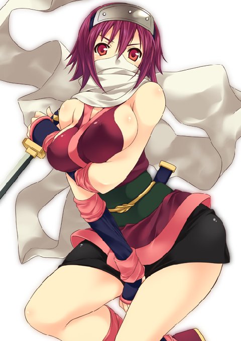breast hold, 1girl, breasts, elbow gloves, female focus, gloves, gradient background, headband, hip focus, large breasts, mask, ninja, red eyes, red hair, short hair, skirt, solo, thighs, white background, wide hips