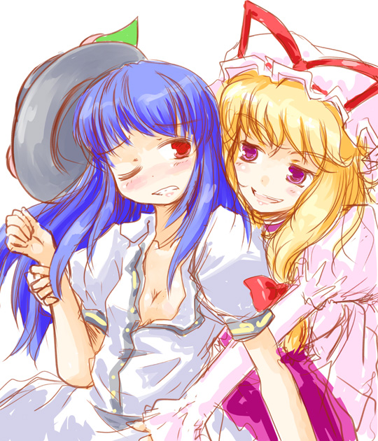 kanoe soushi, hinanawi tenshi, yakumo yukari, touhou, 2girls, female focus, hat, multiple girls, one eye closed, sketch, wink, you gonna get raped, yuri
