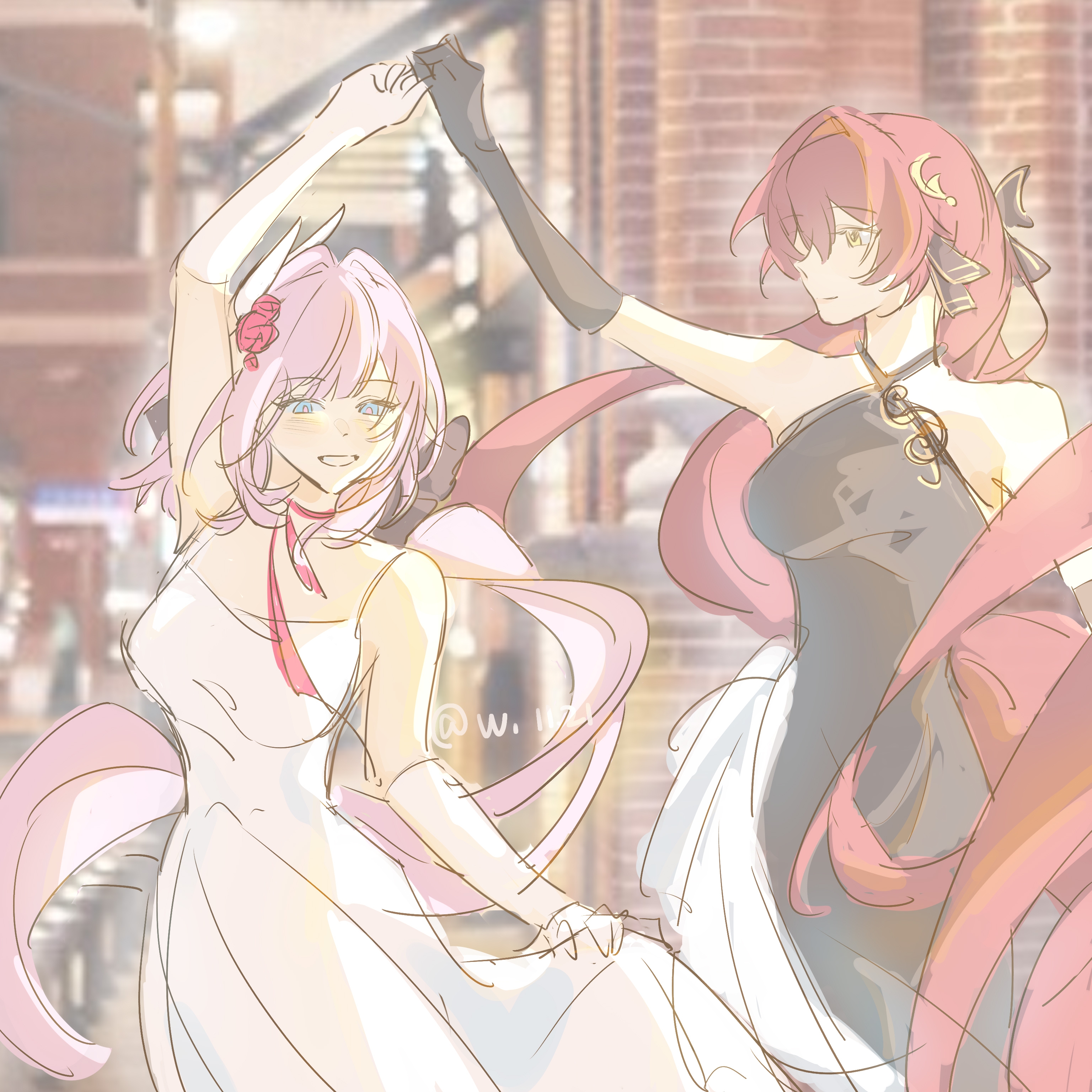 eden (honkai impact), elysia (honkai impact), honkai (series), honkai impact 3rd, absurdres, chinese commentary, commentary request, highres, 2girls, bare shoulders, black dress, black gloves, blue eyes, breasts, brown hair, dancing, dress, elbow gloves, flower, gloves, hair flower, hair ornament, large breasts, long hair, multiple girls, pink hair, smile, very long hair, white dress, white gloves, william (lofter 895662039091), yellow eyes