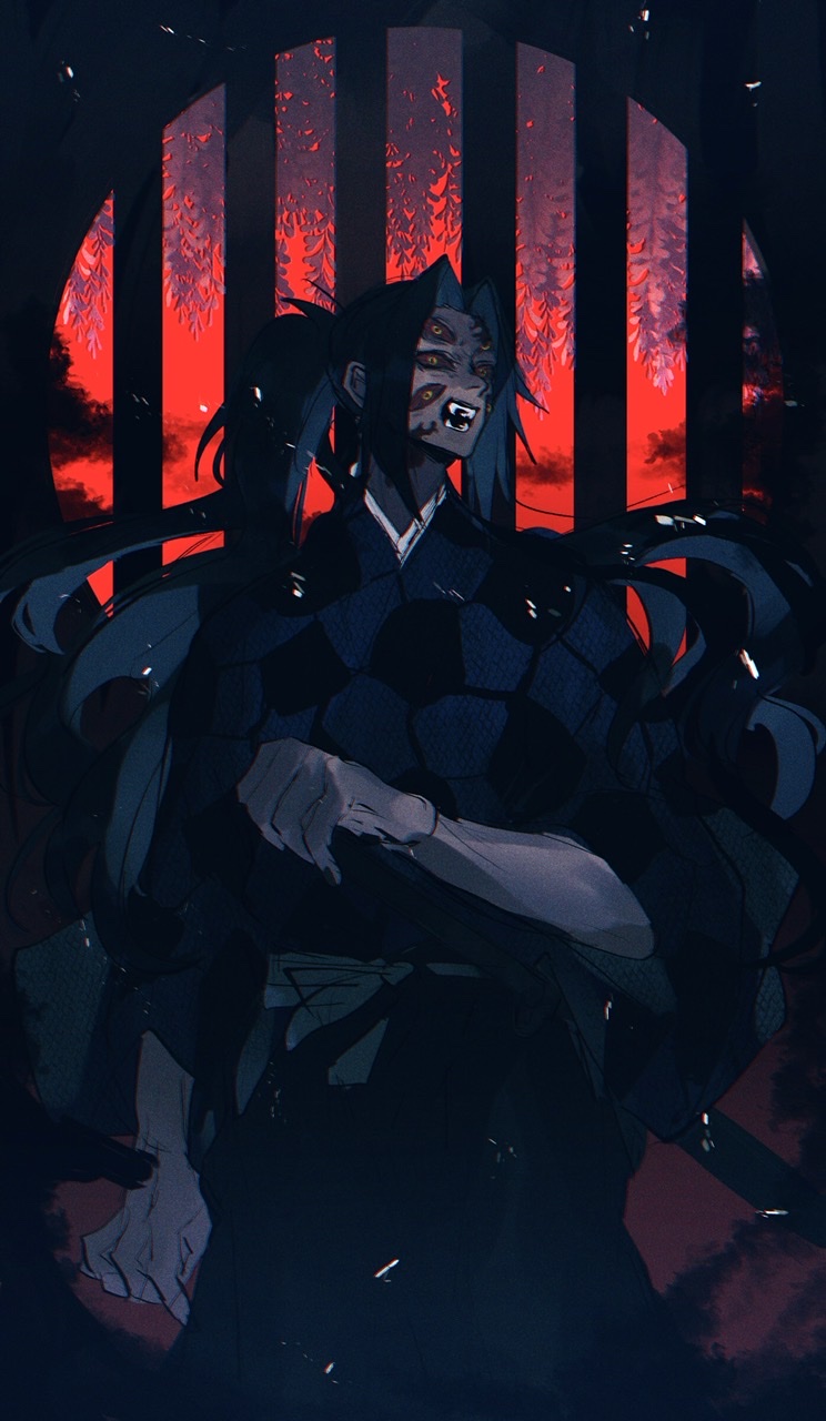 ou syoku7, kokushibou, kimetsu no yaiba, commentary request, highres, 1boy, bug, colored sclera, demon boy, extra eyes, insect, japanese clothes, long hair, looking at viewer, male focus, moth, ponytail, red sclera, solo, yellow eyes