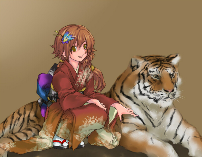 rokuichi, tagme, brown hair, japanese clothes, kimono, new year, solo, tiger