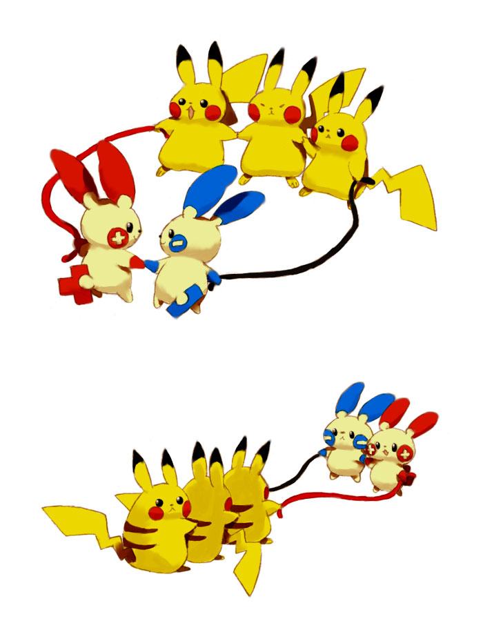 goruti, minun, pikachu, plusle, nintendo, pokemon, circuit, bad id, bad pixiv id, battery, cable, gen 1 pokemon, gen 3 pokemon, holding hands, no humans, pokemon (creature), science, wire