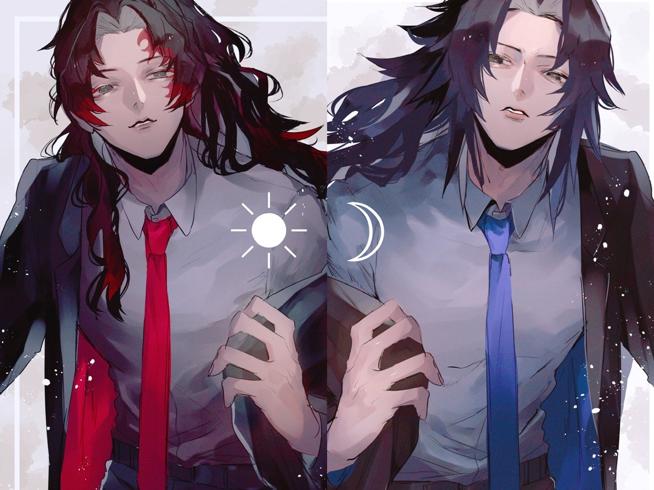 ou syoku7, kokushibou, tsugikuni yoriichi, kimetsu no yaiba, commentary request, 2boys, black hair, brothers, demon boy, long hair, long sidelocks, looking at viewer, male focus, multiple boys, parted bangs, ponytail, siblings, sidelocks