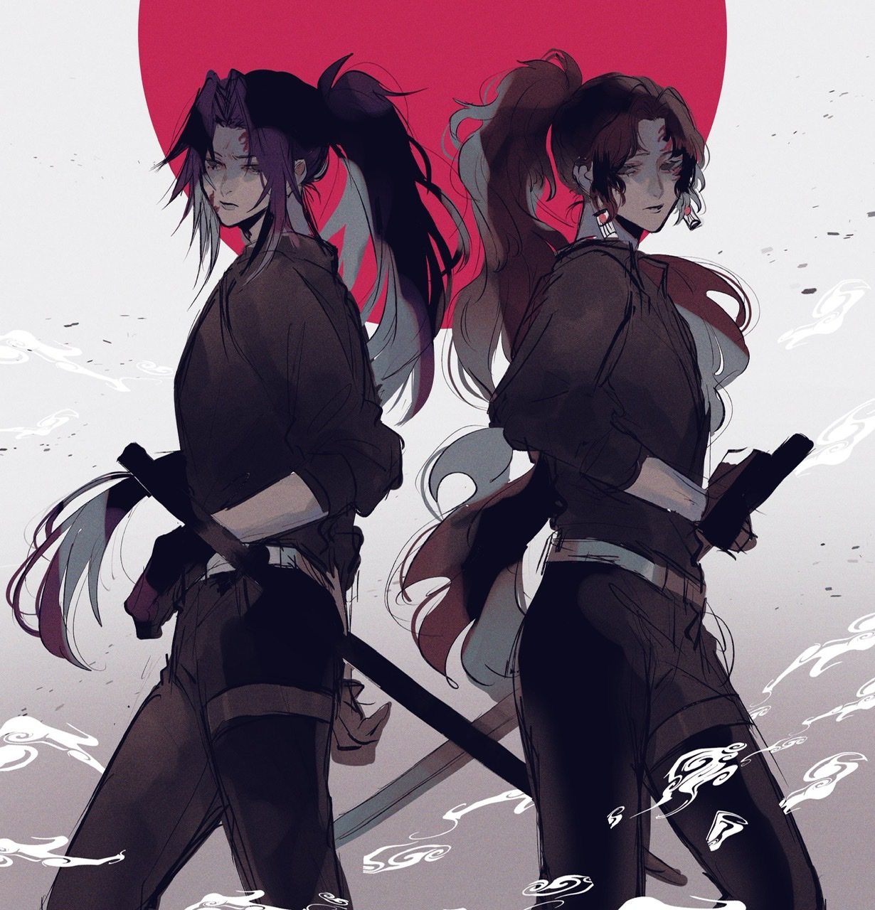 ou syoku7, kokushibou, tsugikuni yoriichi, kimetsu no yaiba, commentary request, highres, 2boys, black hair, brothers, demon boy, long hair, long sidelocks, looking at viewer, male focus, multiple boys, parted bangs, ponytail, siblings, sidelocks