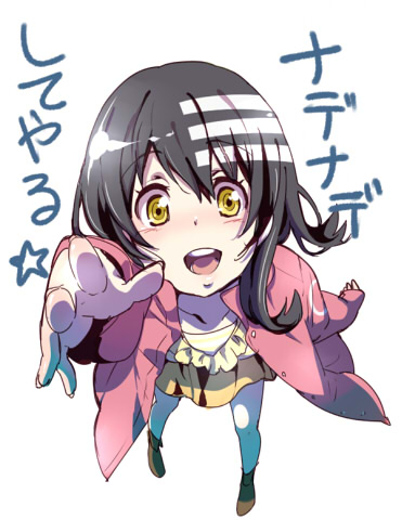 shuri (84k), death the kid, soul eater, gender request, lowres, translation request, 00s, 1girl, blue pantyhose, female focus, genderswap, jacket, outstretched arm, outstretched hand, pantyhose, reaching, solo, star (symbol), white pantyhose