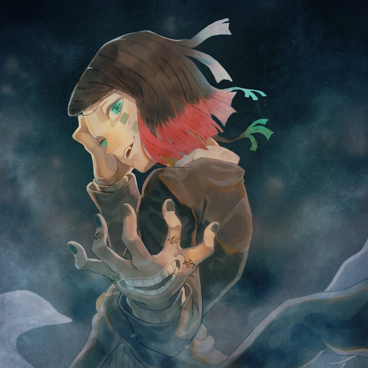 natori (na to ri e), enmu (kimetsu no yaiba), kimetsu no yaiba, commentary request, highres, 1boy, black hair, black jacket, black nails, claw pose, coattails, colored tips, cowboy shot, demon boy, facial mark, fangs, finger tattoo, floating clothes, floating hair, from side, green eyes, grey pants, hand on own face, hands up, jacket, kanji tattoo, looking at viewer, male focus, medium hair, misplaced mouth, multicolored hair, night, open mouth, pants, pinstripe pants, pinstripe pattern, sky, smile, solo, star (sky), starry sky, steam, suit jacket, symbol-shaped pupils, tailcoat, tattoo, tears facial mark, teeth, trap, upper teeth only