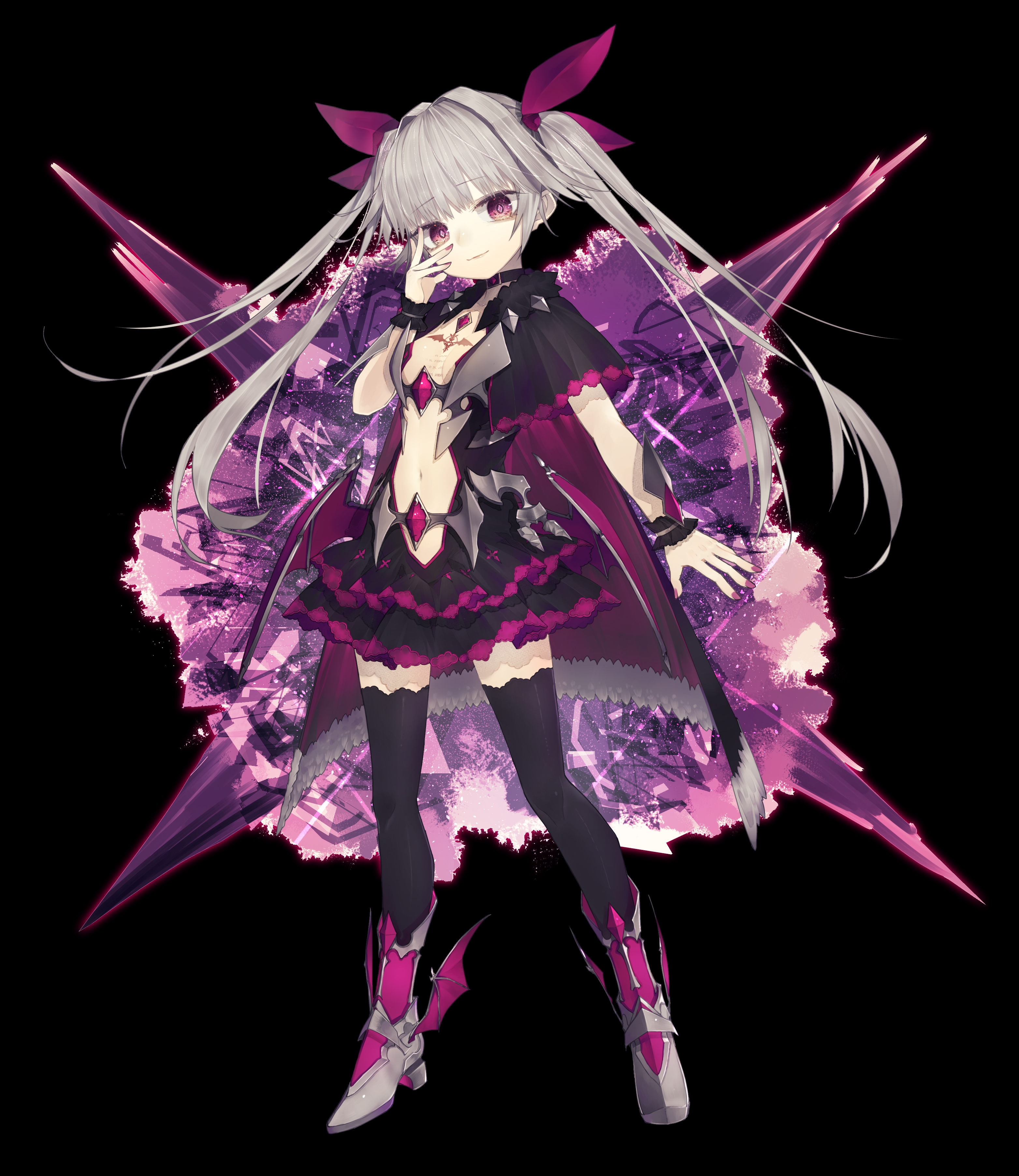 riuichi, crystar, absurdres, commentary request, highres, official art, spoilers, 1girl, armored boots, black thighhighs, boots, breasts, chest tattoo, dress, full body, grey hair, hatada mirai, long hair, looking at viewer, navel, pink eyes, revealing clothes, short dress, small breasts, smile, solo, tattoo, thighhighs, twintails, zettai ryouiki