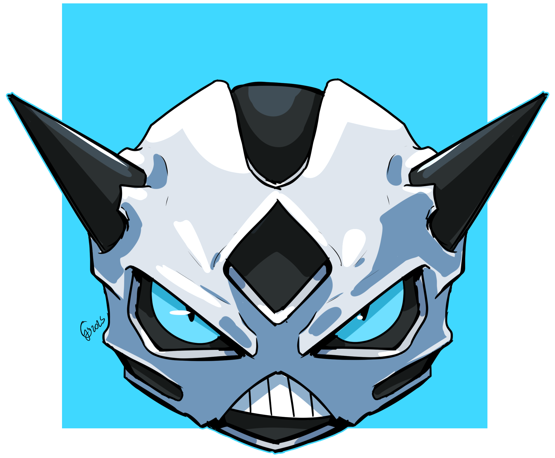 destinywebgio, glalie, nintendo, pokemon, highres, black horns, blue eyes, gen 3 pokemon, horns, looking at viewer, no humans, pokemon (creature), signature, solo