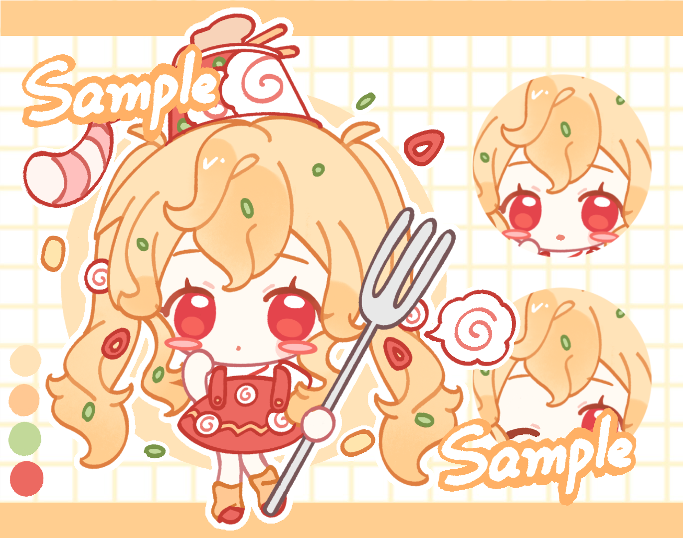 original, 1girl, ball hands, blonde hair, chibi, chibi only, closed mouth, double-parted bangs, dress, fork, full body, grid background, holding, holding fork, long hair, looking at viewer, multiple views, orange socks, qin'aide, red dress, red eyes, red shoes, sample watermark, shoes, short sleeves, socks, standing, twintails, watermark, white background