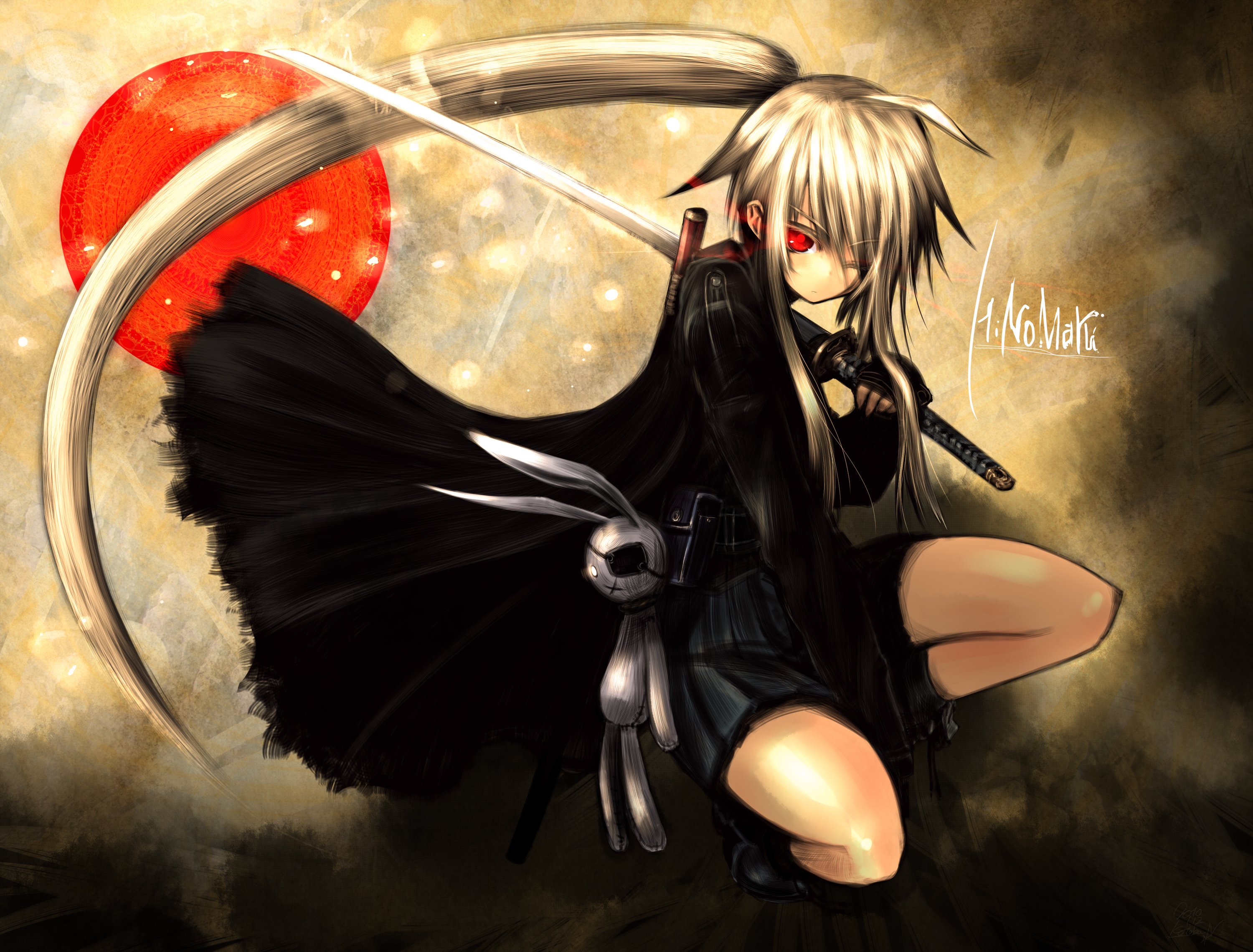 kotoba noriaki, hatamoto (kotoba), hinomaru (kotoba), original, highres, 1girl, eyepatch, female focus, glowing, glowing eye, katana, missing eye, nichi no maru, red eyes, solo, stuffed animal, stuffed rabbit, stuffed toy, sword, weapon