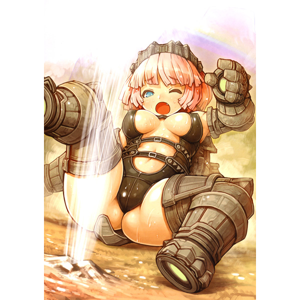 shigatake, basaran (shadow of the colossus), shadow of the colossus, 1girl, armor, blue eyes, breasts, covered erect nipples, fang, female focus, geyser, navel, one eye closed, personification, pink hair, rainbow, sexually suggestive, short hair, solo, wet, wince, wink