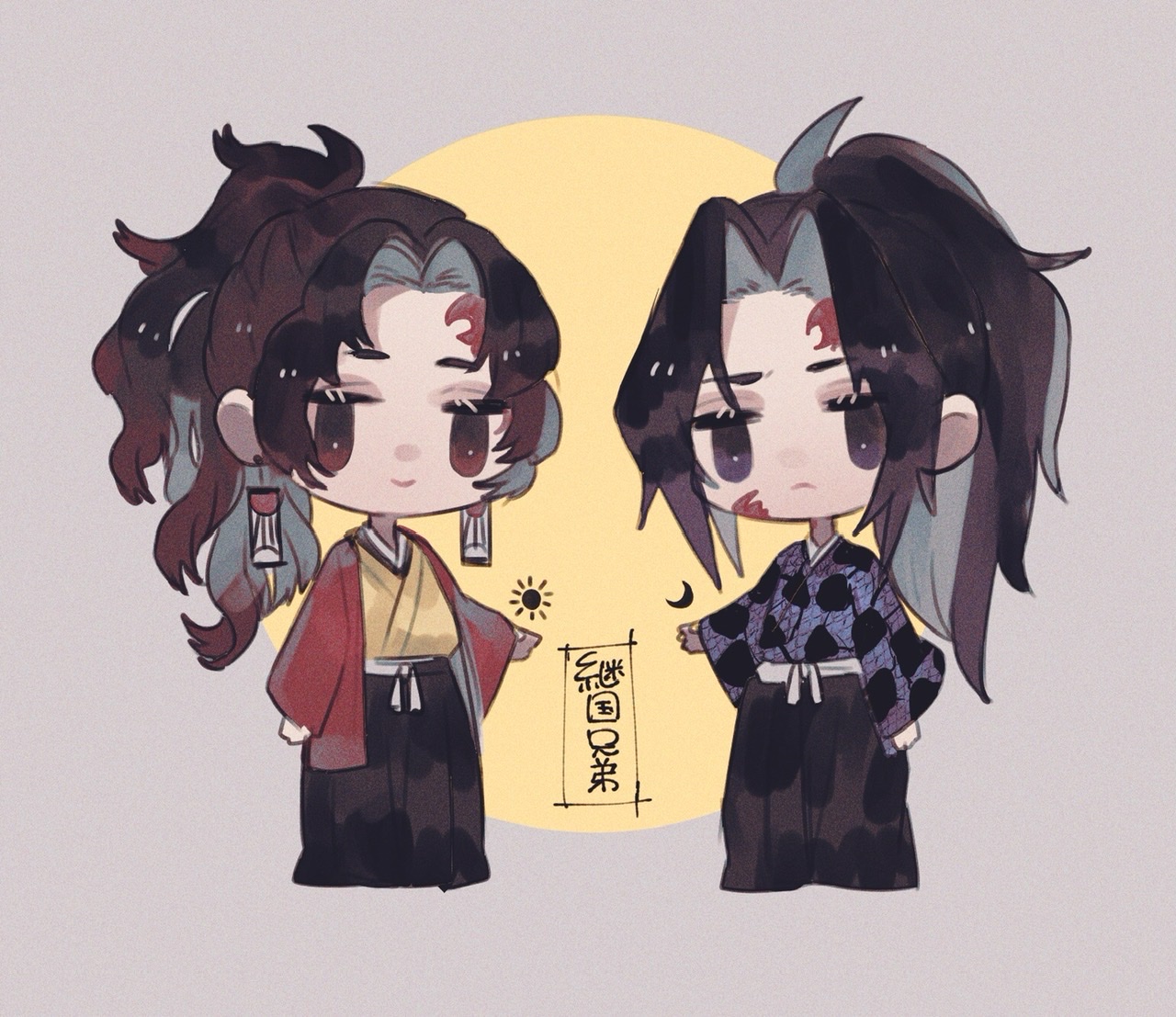 ou syoku7, kokushibou, tsugikuni yoriichi, kimetsu no yaiba, commentary request, 2boys, black hair, brothers, demon boy, japanese clothes, long hair, long sidelocks, looking at viewer, male focus, multiple boys, parted bangs, ponytail, siblings, sidelocks