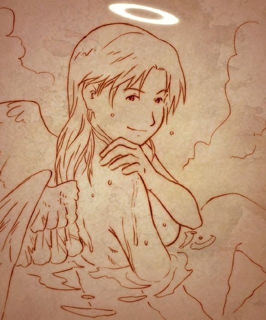 aaru sentou shuudan, nemu (haibane renmei), haibane renmei, 00s, 1girl, bath, female focus, halo, monochrome, nude, orange theme, solo, steam, traditional halo, water, wet, wings