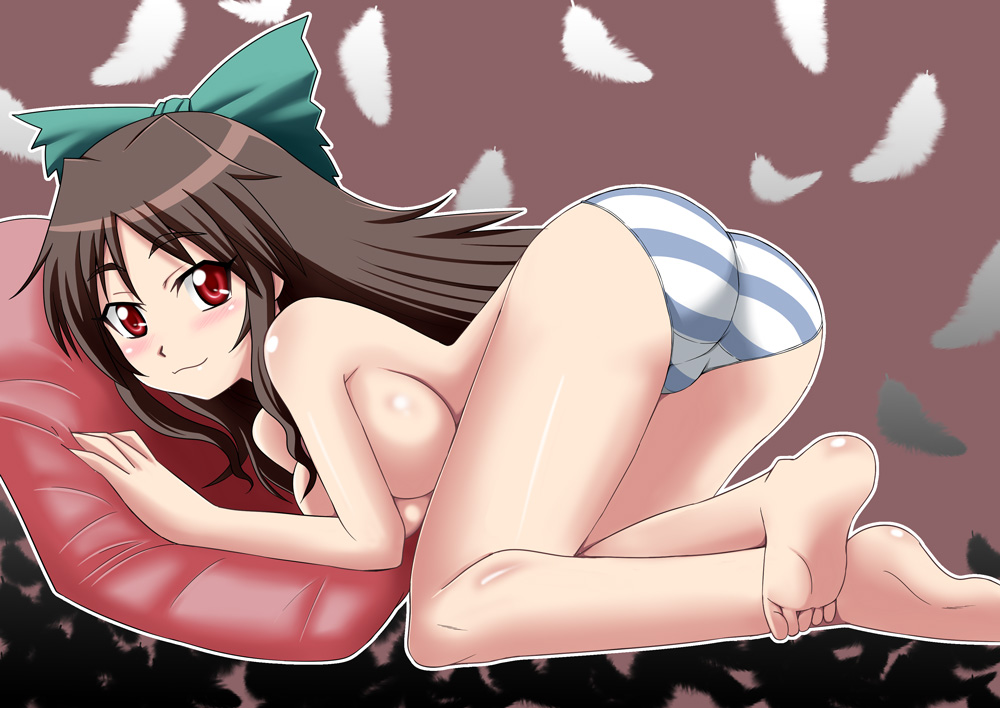 zerosu (take out), reiuji utsuho, touhou, 1girl, :3, ass, bad anatomy, bad feet, barefoot, bent over, black hair, blush, bow, breasts, feet, female focus, hair bow, large breasts, legs, long hair, panties, pillow, poorly drawn, red eyes, smile, soles, solo, striped clothes, striped panties, toes, topless female, underwear, underwear only