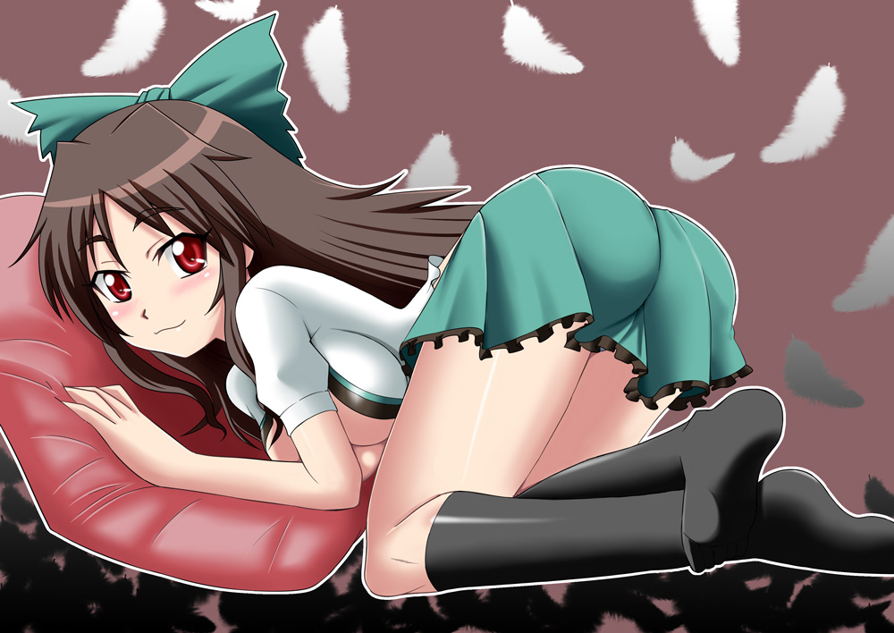 zerosu (take out), reiuji utsuho, touhou, 1girl, :3, all fours, ass, black hair, black socks, blush, bow, breasts, butt crack, feet, female focus, hair bow, kneehighs, legs, long hair, pillow, red eyes, skirt, smile, socks, solo, thighhighs