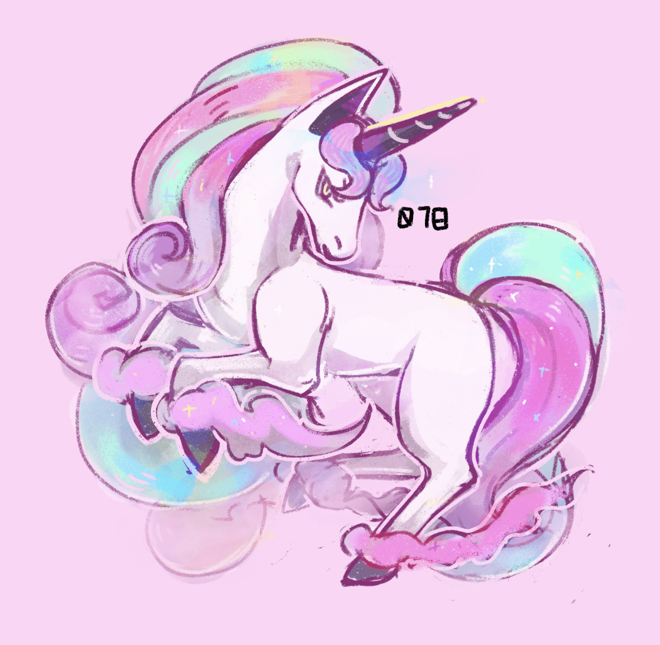 kurapixel, galarian rapidash, nintendo, pokemon, highres, galarian form, gen 8 pokemon, horns, no humans, pink background, pokemon (creature), simple background, single horn, solo, unicorn