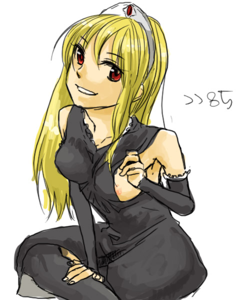 zoids ocean, hime (kaibutsu oujo), kaibutsu oujo, zoids, 00s, blonde hair, bridal gauntlets, dress, nipple slip, nipples, oekaki, red eyes, sitting, smile, tiara