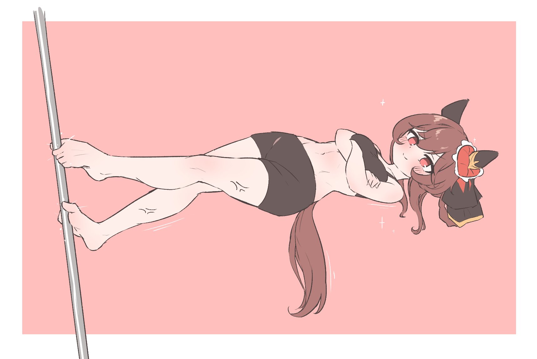 rotasu (rotasqqfv), gentildonna (umamusume), umamusume, commentary request, highres, 1girl, alternate breast size (smaller), animal ears, arms under breasts, barefoot, bike shorts, black sports bra, border, breasts, brown hair, crossed arms, ear covers, ear ornament, full body, head tilt, horse ears, horse girl, medium hair, navel, pink background, pole, red eyes, sideways, small breasts, smile, solo, sports bra, stripper pole, veins, white border