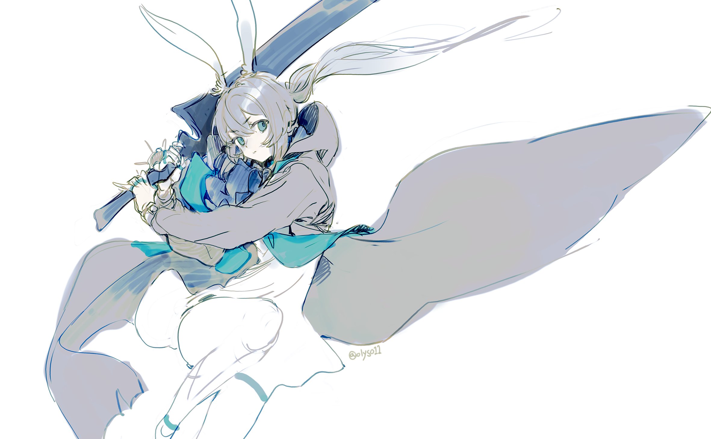 olys, amiya (arknights), arknights, 1girl, cape, holding, holding sword, holding weapon, rabbit ears, rabbit girl, solo, sword, weapon