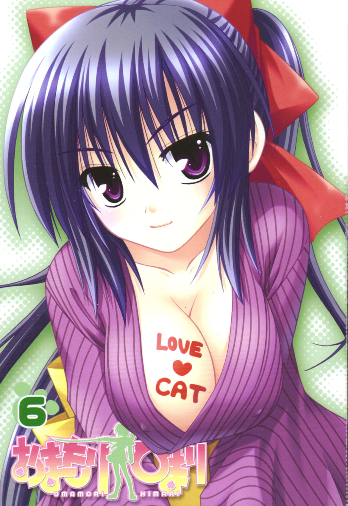 matra milan, noihara himari, omamori himari, highres, official art, 1girl, blue hair, bow, breasts, cleavage, cover, covered erect nipples, female focus, hair bow, hair ribbon, japanese clothes, kimono, large breasts, leaning forward, light smile, ponytail, purple eyes, ribbon, solo, sweater