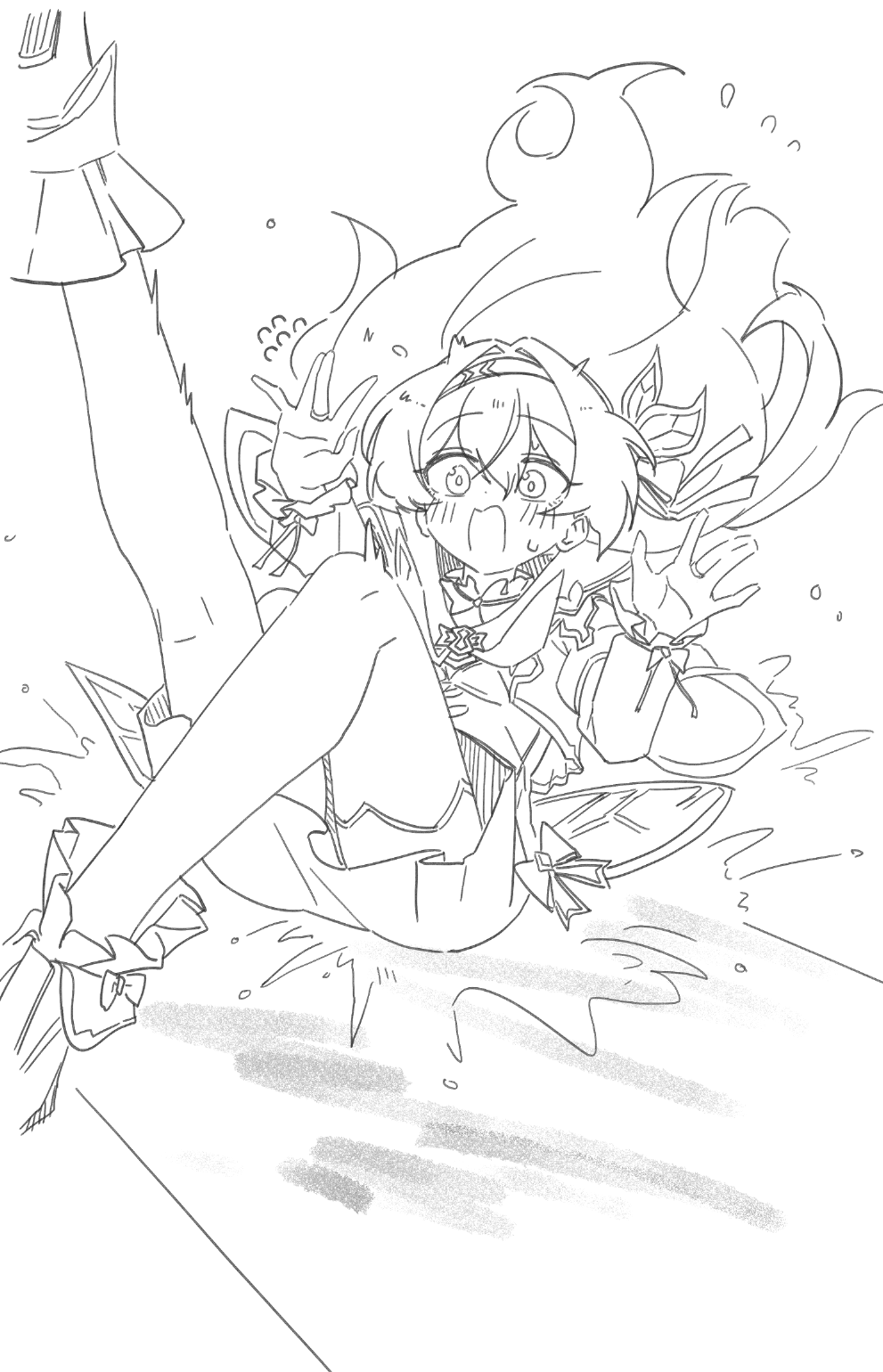 kcmc story, firefly (honkai: star rail), honkai: star rail, honkai (series), 1girl, monochrome, solo, splashing, tripping