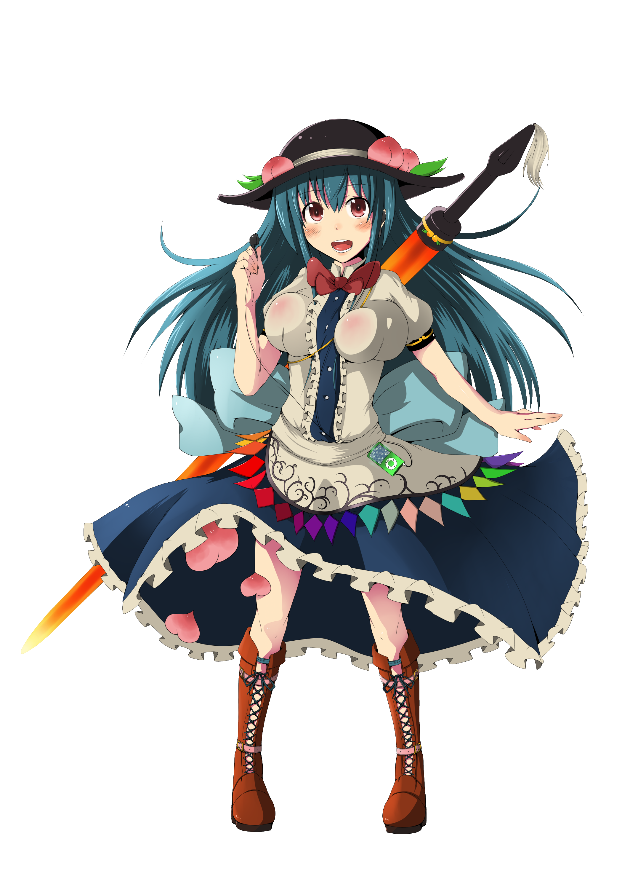 hanagedayo, hinanawi tenshi, touhou, absurdres, bad id, bad pixiv id, highres, 1girl, blue hair, blush, boots, bow, breast padding, female focus, food, fruit, full body, hat, headphones, ipod, ipod nano, ipod nano 5g, long hair, mp3 player, open mouth, peach, red eyes, simple background, smile, solo, standing, sword, sword of hisou, weapon, white background