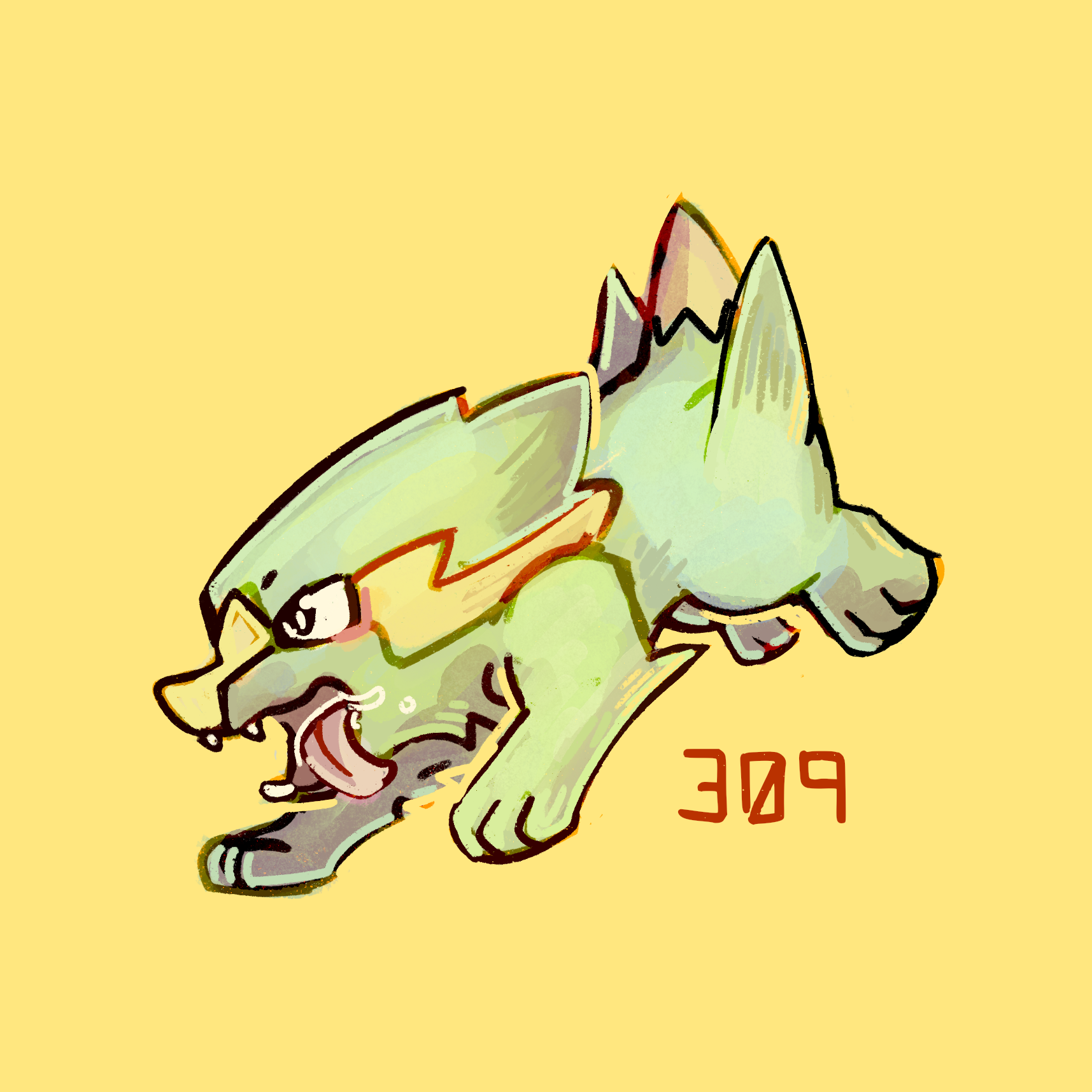 kurapixel, electrike, nintendo, pokemon, highres, gen 3 pokemon, green fur, no humans, numbered, open mouth, pokemon (creature), simple background, solo, tongue, tongue out, yellow background