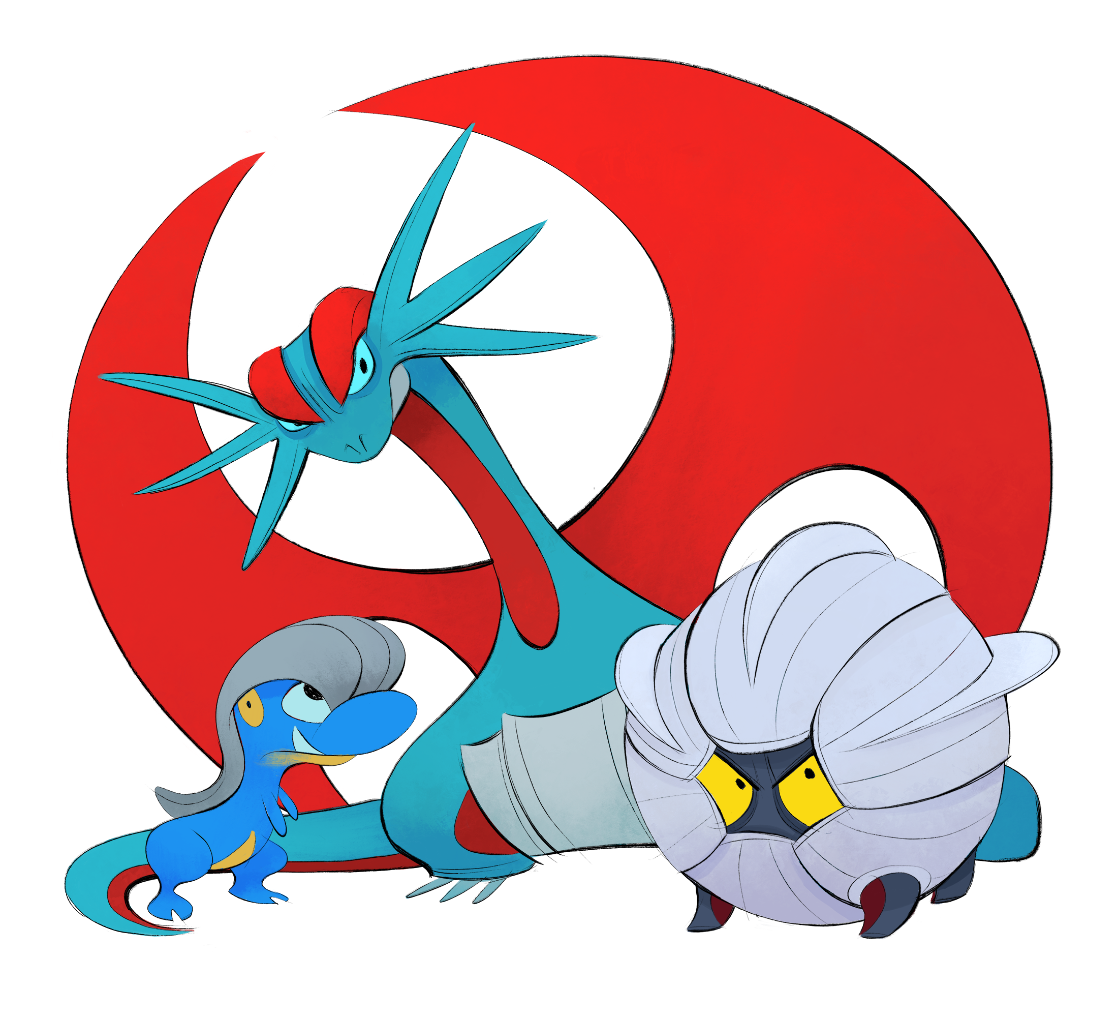 matt greenholt, bagon, salamence, shelgon, nintendo, pokemon, commentary, english commentary, highres, blue skin, colored skin, evolutionary line, gen 3 pokemon, no humans, pokemon (creature), red wings, simple background, white background, wings