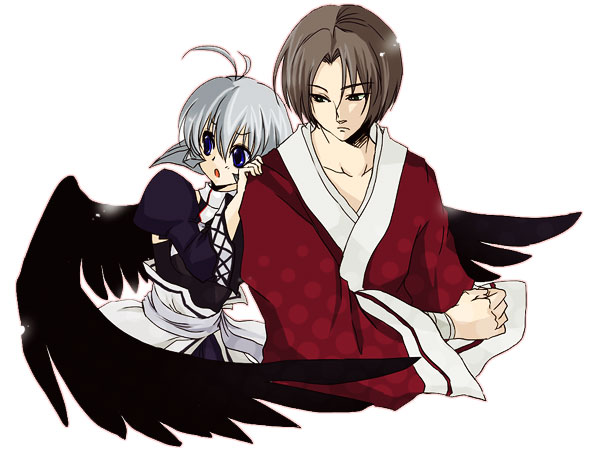 161, benawi, camyu, utawarerumono, silver hair, 00s, 1boy, 1girl, antenna hair, black wings, blue eyes, japanese clothes, protecting, wings
