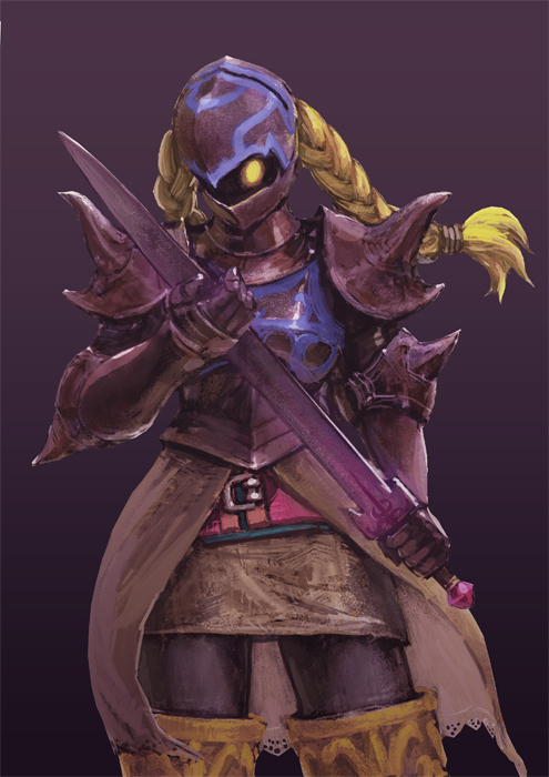 roten, dark knight (fft), final fantasy, final fantasy tactics, 1girl, armor, blonde hair, braid, female focus, glowing, glowing eyes, helmet, solo, sword, twin braids, weapon