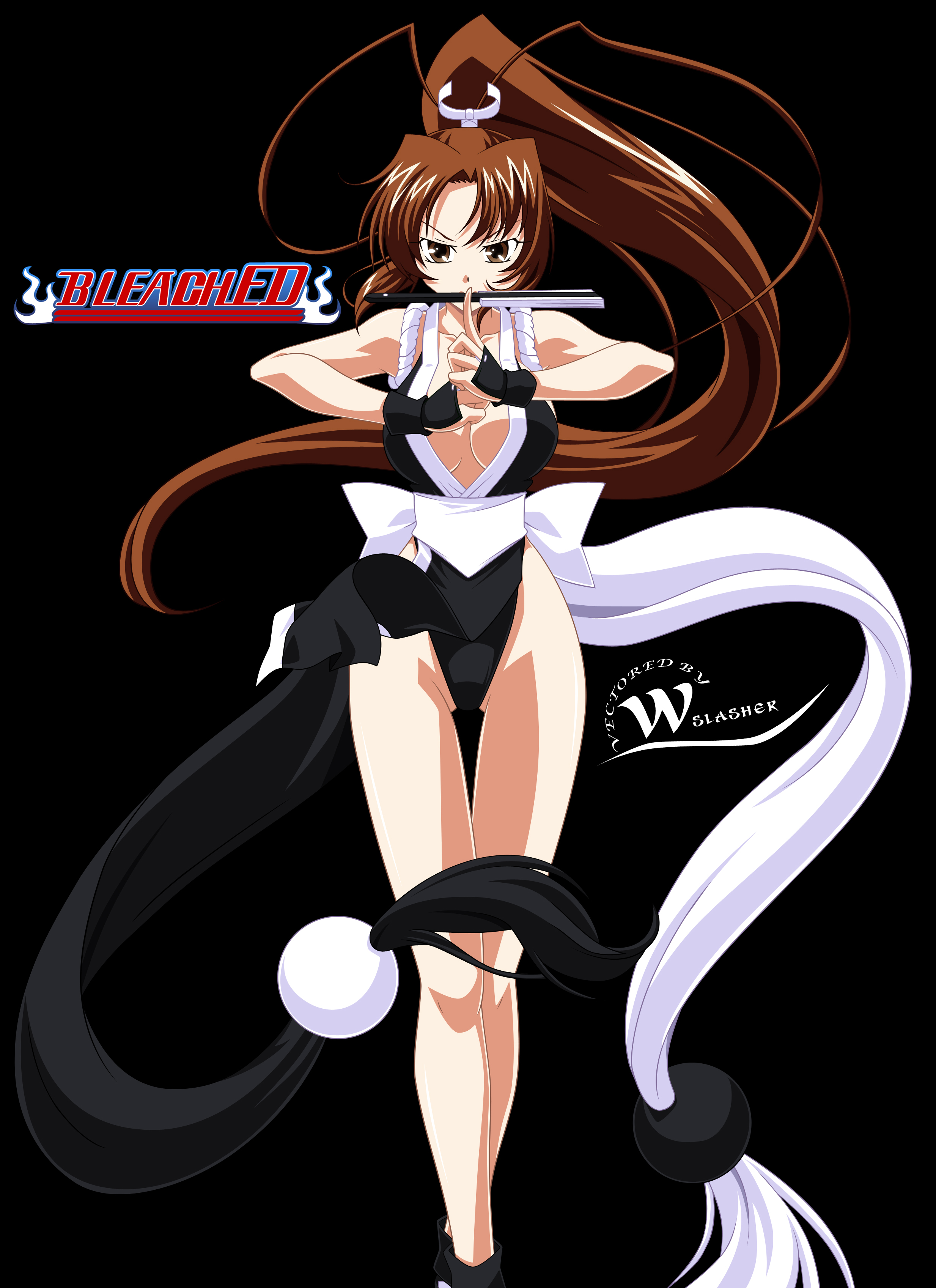 wslasher, shiranui mai, bleach, fatal fury, queen's gate, snk, the king of fighters, absurdres, highres, breasts, brown eyes, brown hair, cleavage, crossover, gloves, hand fan, huge breasts, japanese clothes, large breasts, legs, long hair, long legs, miniskirt, panties, ponytail, rope, sideboob, skirt, solo, underwear