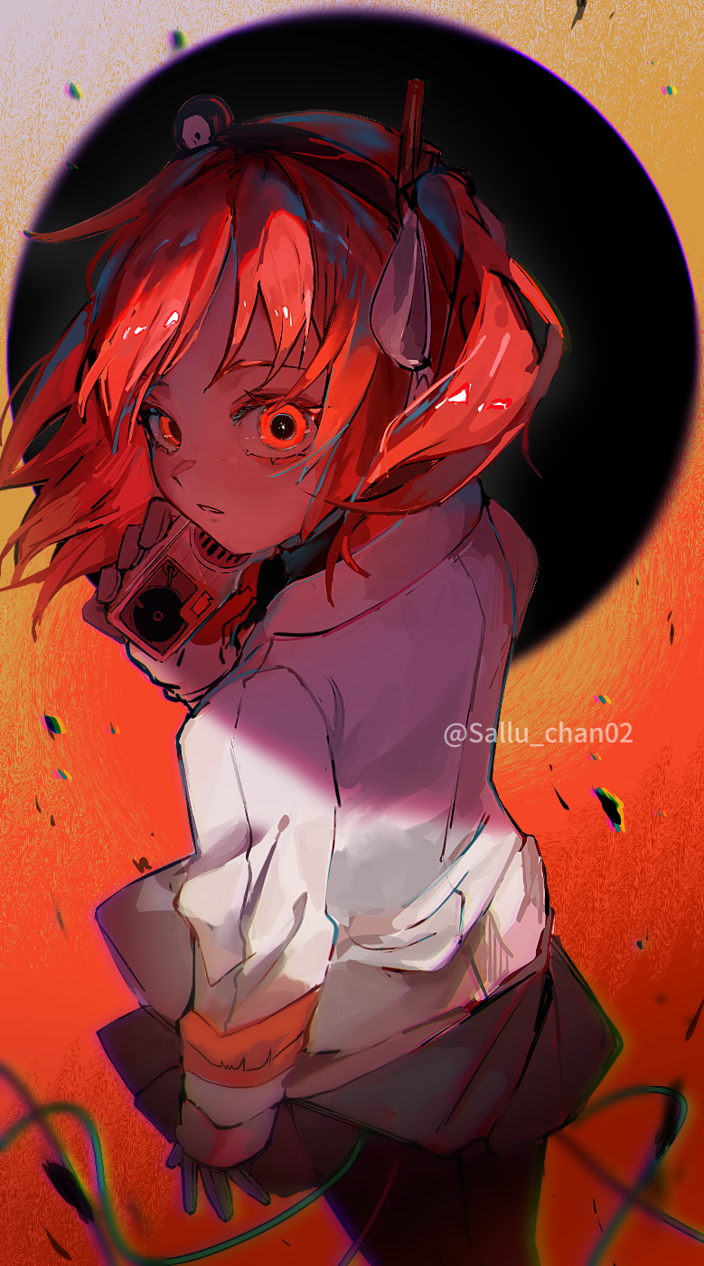 rnp 02, adachi rei, a.i. voice, netsu ijou (utau), utau, commentary request, highres, 1girl, cowboy shot, holding, jacket, long sleeves, looking at viewer, looking back, orange eyes, orange hair, solo, white jacket