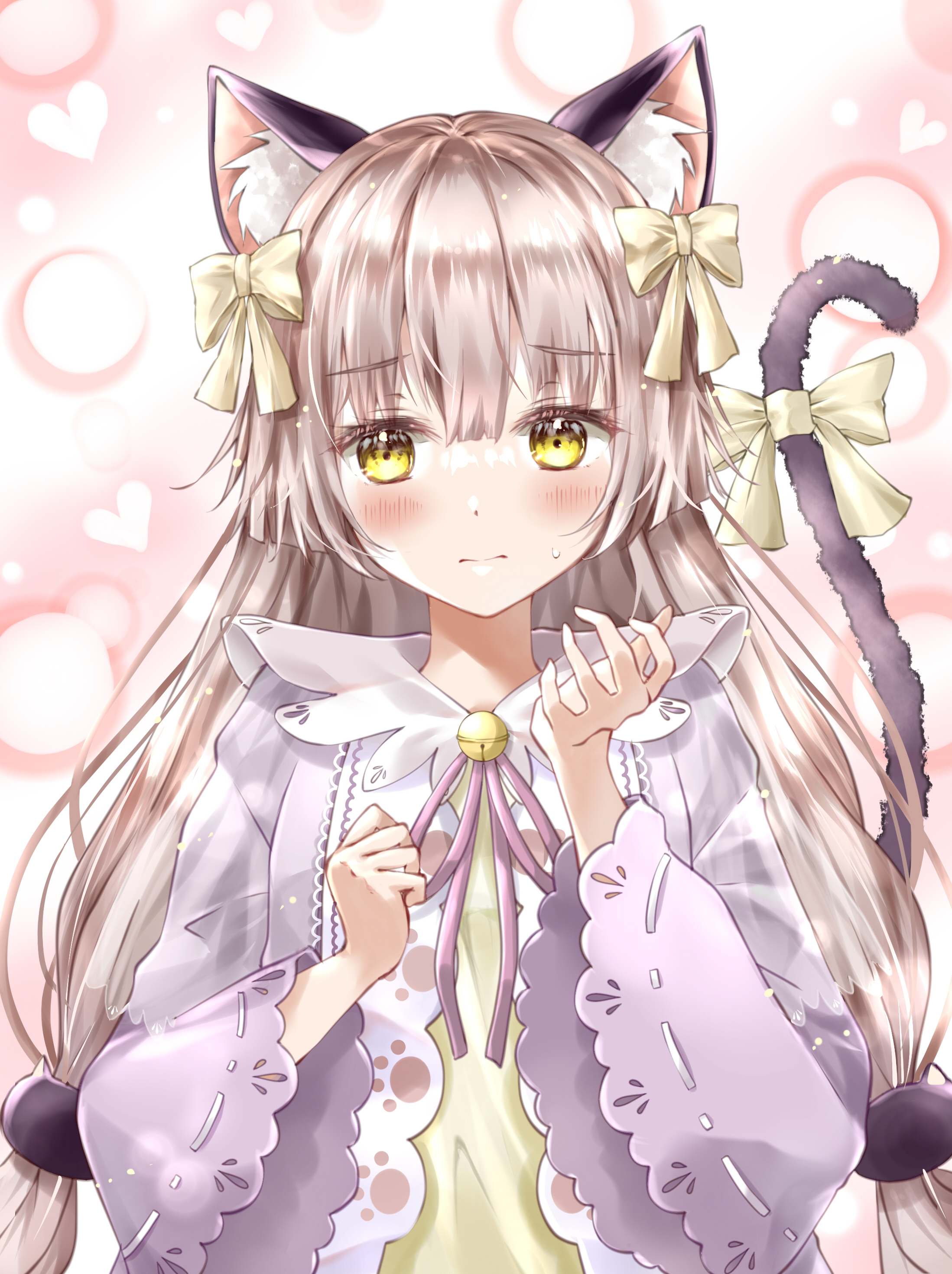 ayaro (genkiloobaii), ogasawara hisame, heaven burns red, absurdres, commentary request, highres, 1girl, 3:, animal ear fluff, animal ears, bell, blunt bangs, blush, bow, brown hair, cat ears, cat hair ornament, cat tail, closed mouth, dress, eyelashes, frown, furrowed brow, hair bow, hair ornament, hands up, jingle bell, long hair, long sleeves, looking at viewer, low-tied long hair, neck bell, neck ribbon, official alternate costume, official alternate hairstyle, purple dress, purple ribbon, ribbon, simple background, solo, split mouth, sweatdrop, tail, tail bow, tail ornament, tail raised, very long hair, white background, white hair, wide sleeves, yellow bow, yellow eyes