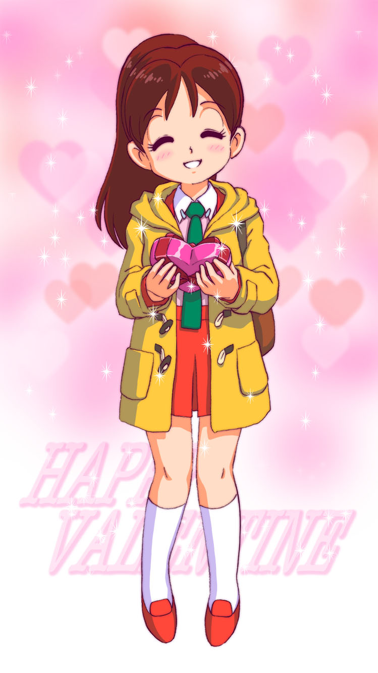 mizutani kenta, heike ibuki, genji tsuushin agedama, commentary request, highres, 1girl, bag, box, brown bag, brown coat, brown hair, closed eyes, coat, collared shirt, full body, gift, gift box, green necktie, happy valentine, heart, heart-shaped box, holding, holding gift, hood, hood down, hooded coat, jacket, long hair, necktie, open clothes, open jacket, parted lips, pink background, pleated skirt, ponytail, red jacket, red ribbon, red shoes, red skirt, ribbon, shirt, shoes, shoulder bag, skirt, smile, socks, solo, sparkle, standing, valentine, white shirt, white socks