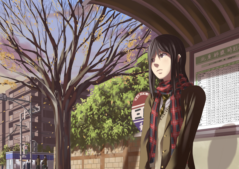 a.q.u.a, original, bad id, bad pixiv id, 1girl, black hair, brown eyes, bus stop, coat, necktie, plaid clothes, plaid scarf, scarf, school uniform, solo focus