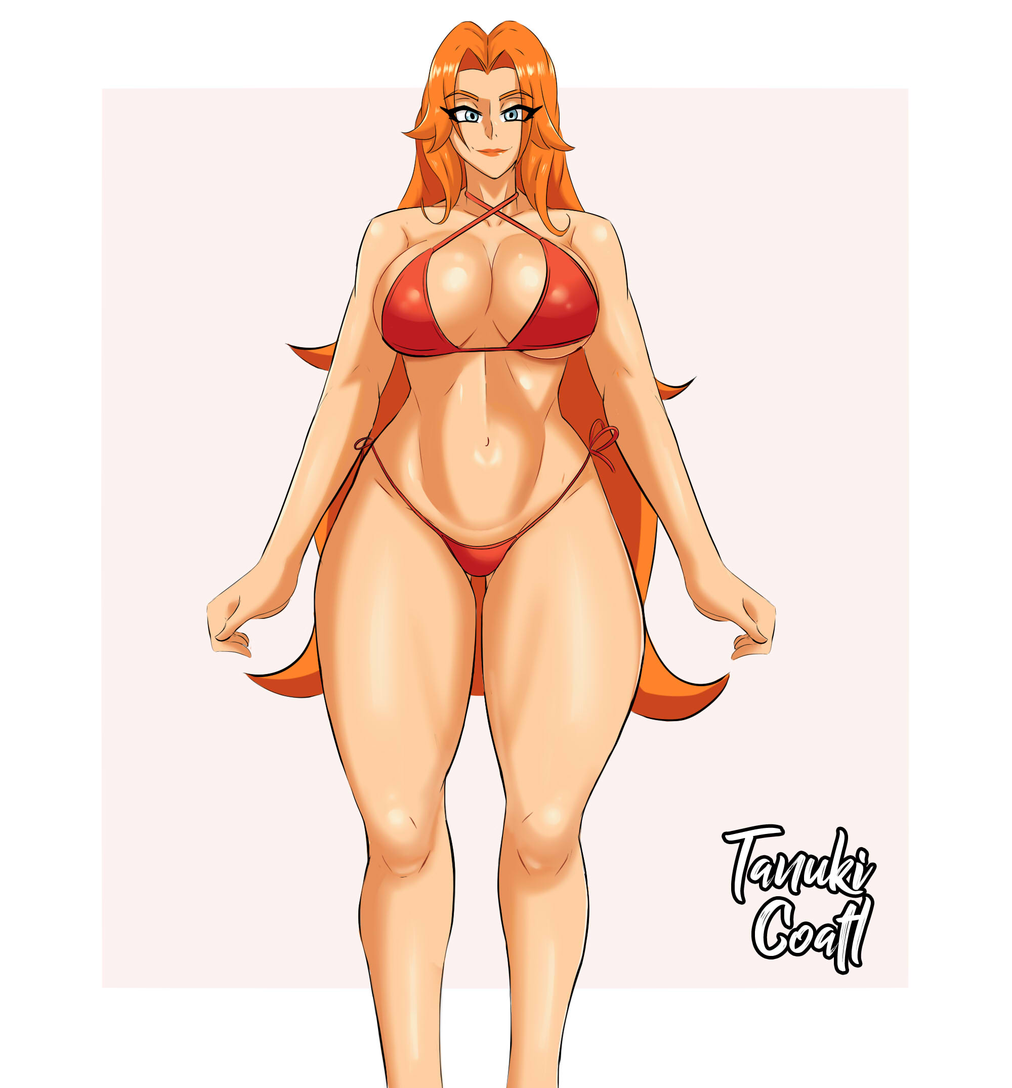 tanuki coatl, matsumoto rangiku, bleach, 1girl, artist name, bare shoulders, bikini, blue eyes, breasts, closed mouth, collarbone, female focus, large breasts, long hair, looking at viewer, mole, mole under mouth, navel, orange hair, simple background, smile, standing, stomach, swimsuit, upper body
