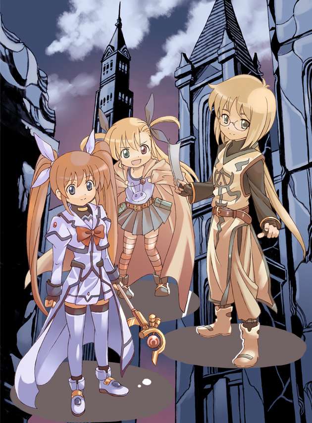 kouno hikaru, raising heart, raising heart (accel mode), takamachi nanoha, takamachi nanoha (aggressor mode), vivio, yuuno scrya, lyrical nanoha, mahou shoujo lyrical nanoha, mahou shoujo lyrical nanoha strikers, uniform, bad id, bad pixiv id, 00s, 1boy, 2girls, blonde hair, contrapposto, full body, head tilt, long sleeves, magical boy, magical girl, miniskirt, multiple girls, ponytail, red eyes, short hair, skirt, standing, thighhighs, twintails, waist cape