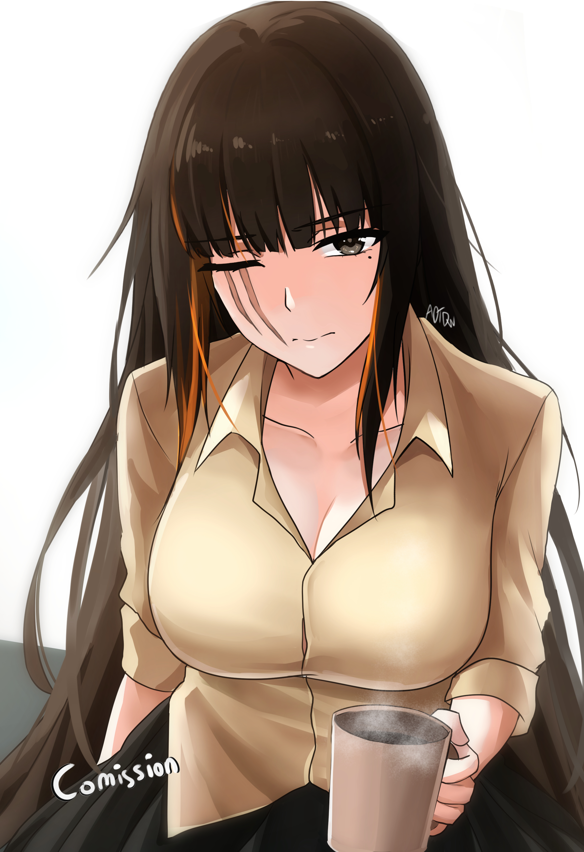 aditdauw, m16a1 (girls' frontline), girls' frontline, absurdres, commentary, commission, english commentary, highres, 1girl, black eyes, black skirt, blunt bangs, breasts, brown hair, closed mouth, collarbone, cup, disheveled, hair down, holding, holding cup, large breasts, long hair, long sleeves, looking at viewer, mole, mole under eye, multicolored hair, no eyepatch, one eye closed, scar, scar across eye, scar on face, shirt, simple background, skirt, solo, upper body, yellow shirt