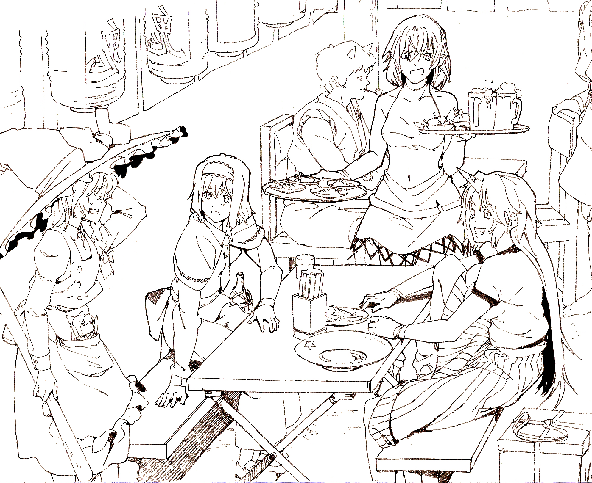 mtmy, alice margatroid, hoshiguma yuugi, kirisame marisa, mizuhashi parsee, shanghai doll, touhou, graphite (medium), highres, traditional media, 1boy, 4girls, alcohol, beer, brown theme, food, grin, hat, horns, monochrome, multiple girls, oni, pointy ears, restaurant, single horn, smile, table, witch, witch hat