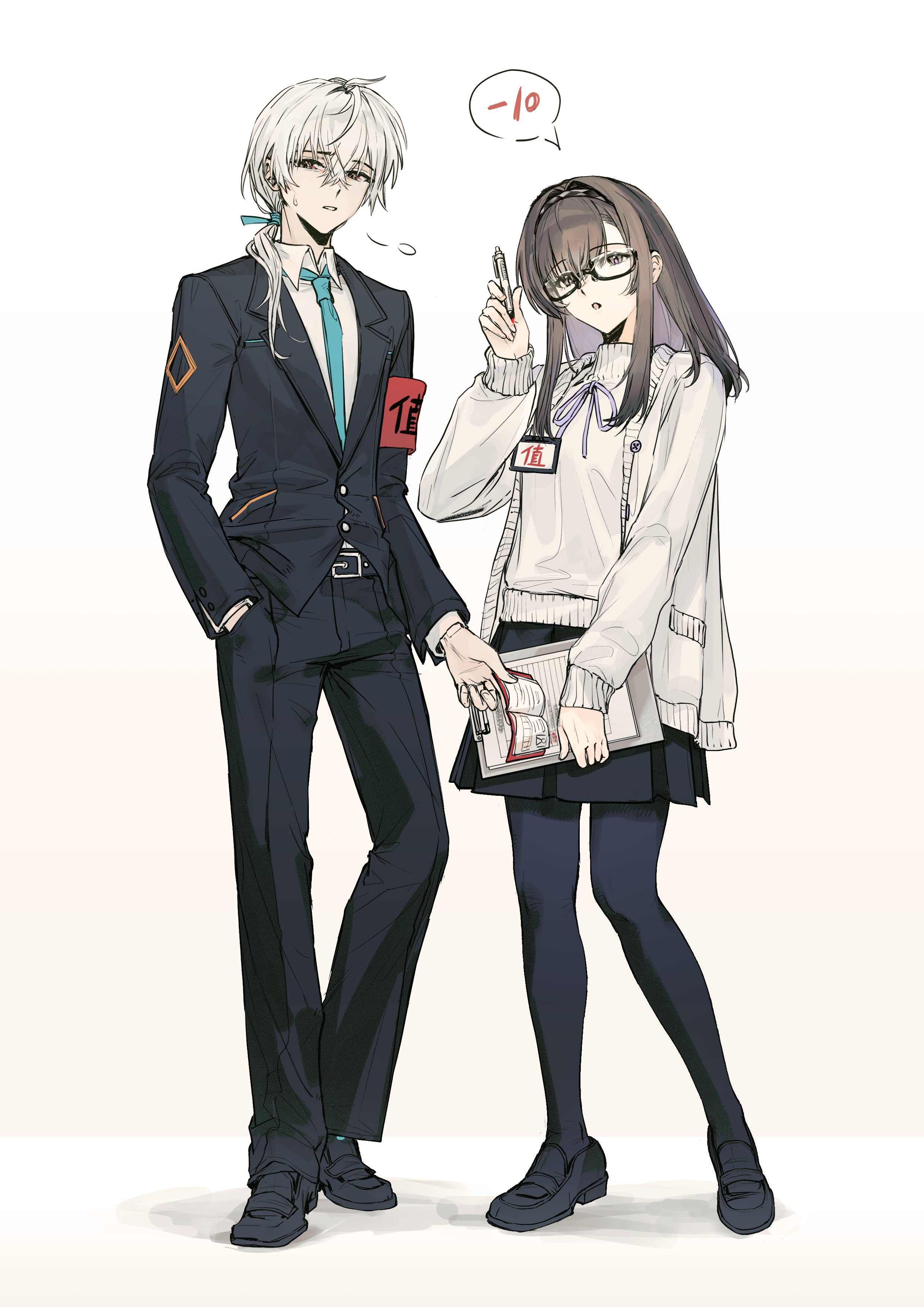 yomi tamashi, doctor (arknights), male doctor (arknights), priestess (arknights), arknights, absurdres, highres, 1boy, 1girl, aqua necktie, armband, belt, black belt, black pants, black shoes, black skirt, black suit, brown hair, clipboard, collared shirt, formal clothes, full body, glasses, grey background, grey eyes, hairband, holding, holding clipboard, holding pen, jacket, long hair, long sleeves, necktie, open clothes, open jacket, pants, pen, pleated skirt, red armband, shirt, shoes, simple background, skirt, standing, suit, sweater, turtleneck, turtleneck sweater, white hair, white jacket, white shirt, white sweater