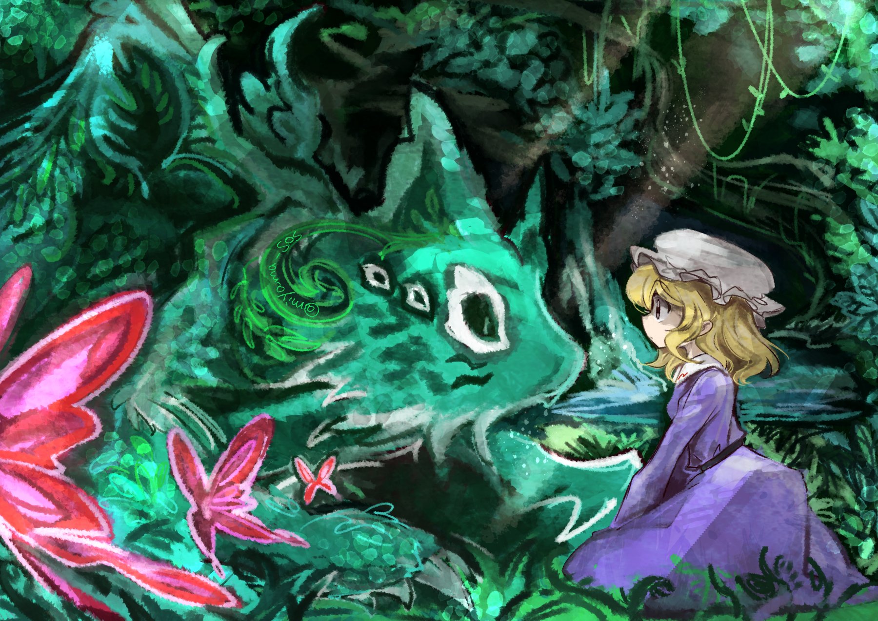 tama (hiroshige 36), maribel hearn, touhou, trojan green asteroid, commentary, english commentary, highres, 1girl, belt, blonde hair, bug, butterfly, chimera, collared dress, dress, expressionless, from side, hat, insect, kneeling, leaf, long sleeves, looking at animal, medium hair, mob cap, pink butterfly, plant, purple dress, solo, torifune (touhou), tree, twitter username, vines, water, white hat, yellow eyes